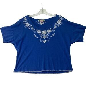 Flying Tomato Womens Small Blue White Embroidered Modal Crop Top Short Sleeves